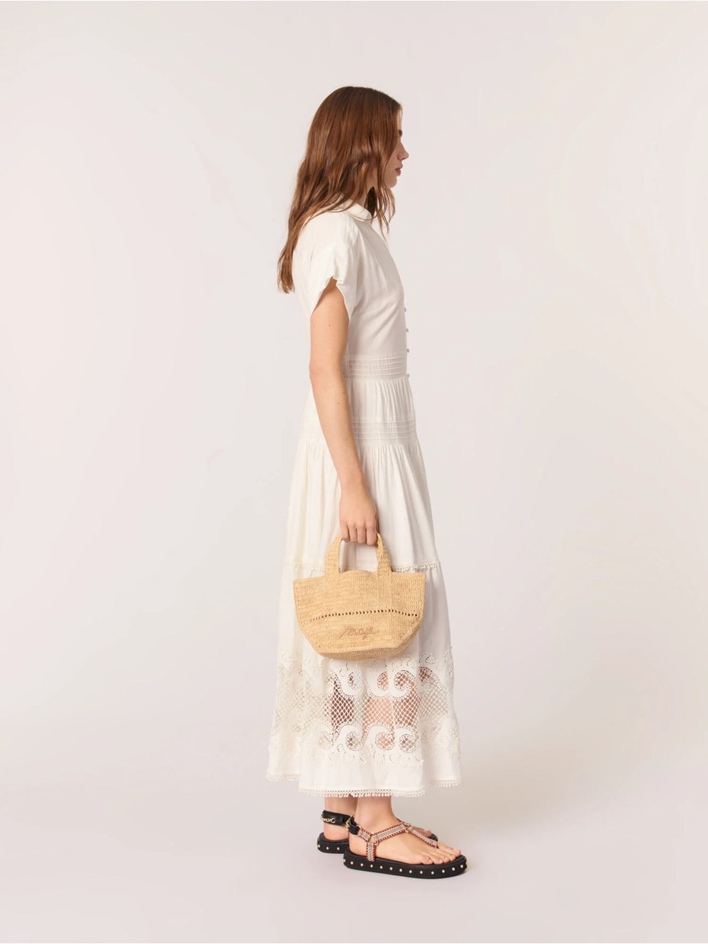 Maje White Button-Front Tiered Maxi Dress with Lace Trim - Picture 2 of 14